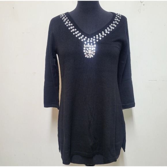 IMAN Jeweled Embellished Touch of Cashmere Sweater Tunic XS Black NWT - Picture 3 of 10
